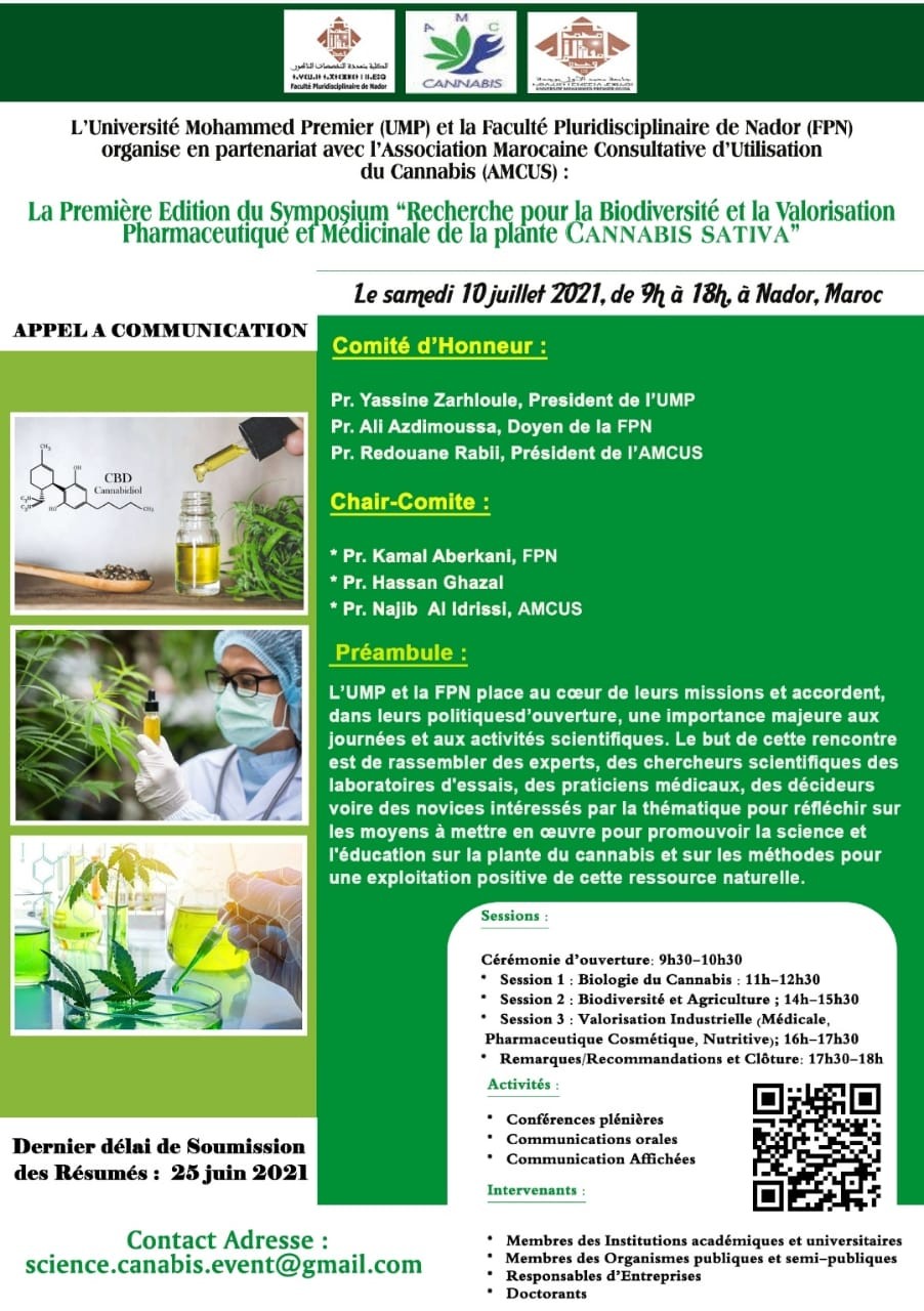 La Première Edition du Symposium " Recherche pour la Biodiversité et la Valorisation Pharmaceutique et Médicale de la plante CANNABIS SATIVA"
